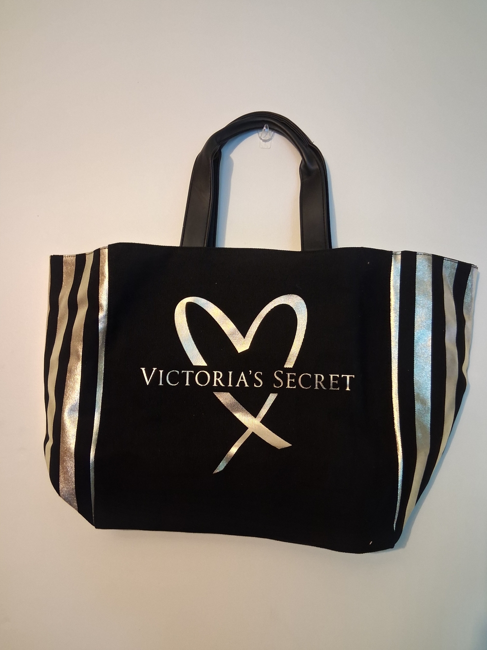 Victoria's Secret Black Tote with Metallic Silver Logo and Stripes